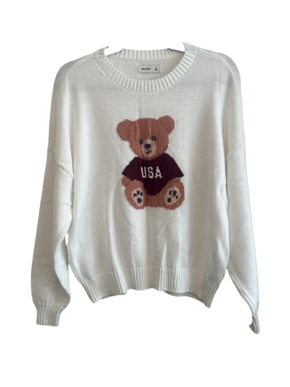Hollister Cream Crewneck Sweater with Teddy Bear Graphic